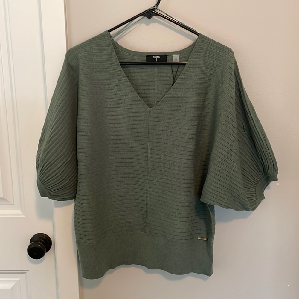 Tahari, olive green, puff sleeve, sweater.